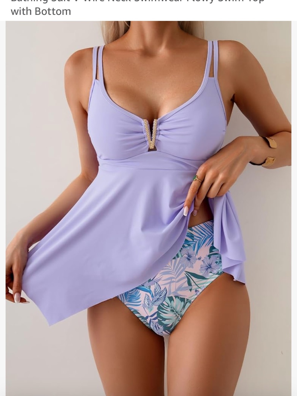 Lilac V-Neck Tankini Swim Top with Tropical High-Waist Bottom - Women Swim
